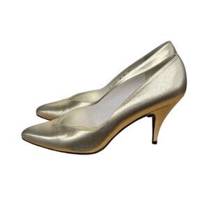 Stuart Weitzman Womens 7.5 B Gold Metallic Leather Pumps Almond Toe Classic